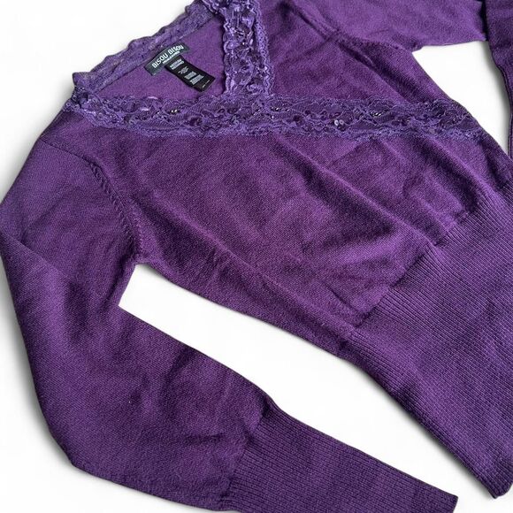 Bisou Bisou royal purple lace long sleeve top cinch waist knit blouse w/sequins - Picture 4 of 8